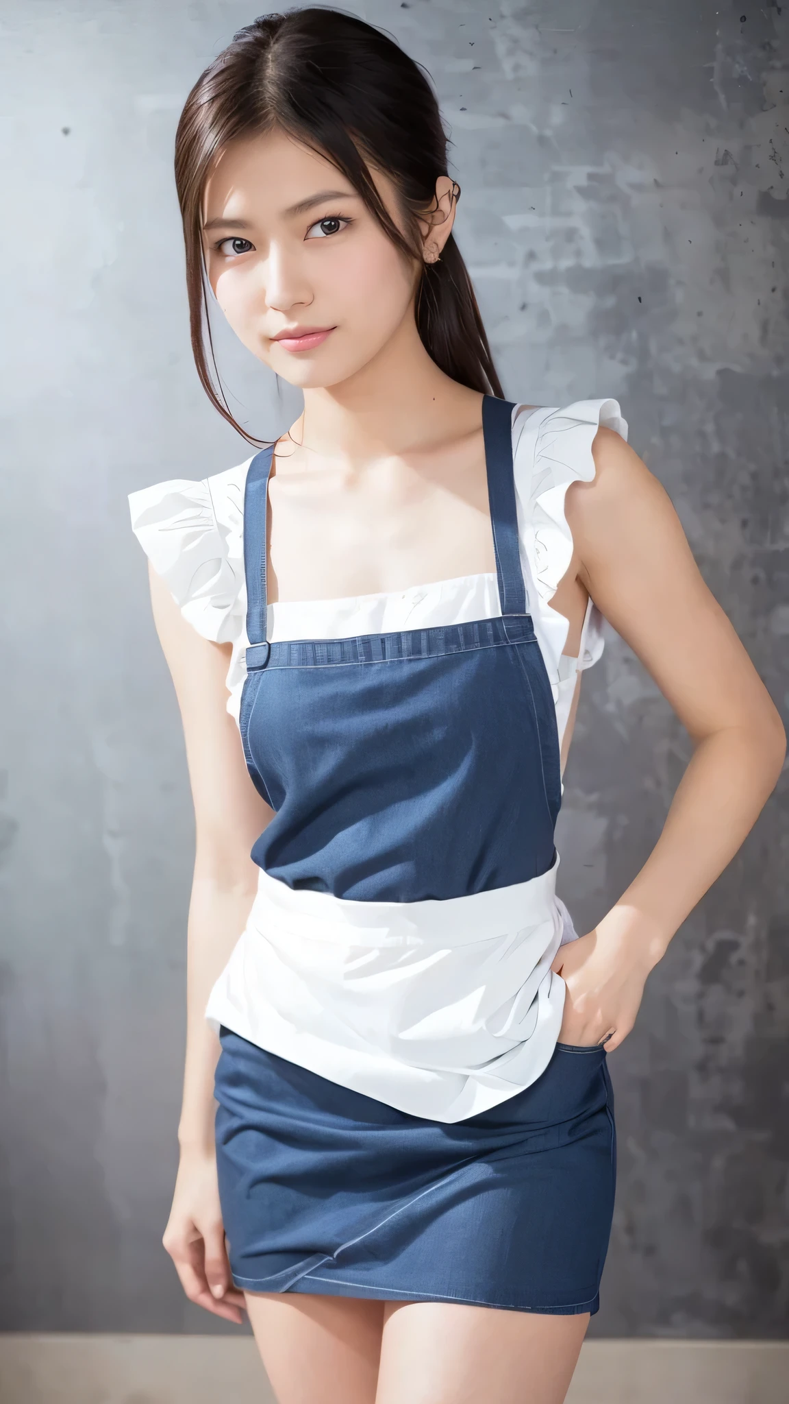 Neat and clean schoolgirl、(student clothes、a sailor suit、Ribbon knot at chest、summer clothing、The upper body is white、The skirt is dark blue)、Outside the field、(Slimed)、Photorealsitic、detaileds, Skin Texture, ultra-detailliert、Delicate and sexy collarbone、A smile、Super Detailed Face、Detailed lips、A detailed eye、tiny chest、Smaller chest、small tit、Small、flat breast、Chest emphasis、Bright face、((is standing、White panties are visible from the skirt、slightly lift the hem of the skirt with both hands,,,))((Naked wearing only one white apron、Naked sexy white apron))、Shorthair with bangs、Straight bob hair、、Angle from top edge、14years