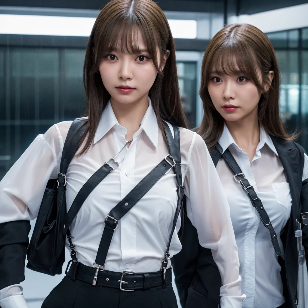 a woman in a suit, belt, hands behind back, sweating, suspenders, black pants, large breasts, see-through clothing, rain, detective, office worker, white button-up shirt, (best quality,4K,8k,highres,masterpiece:1.2),ultra-detailed,(realistic,photorealistic,photo-realistic:1.37),hyper-detailed,highly detailed face and body, Slender　thin　suspenders　Moderate breasts　See-through shirt　Nipples　holster　chain　Pistol　Armament　criminal　Female criminal　knife 　 Hands Behind Back　Constraints 程よい胸 黒いマスク
