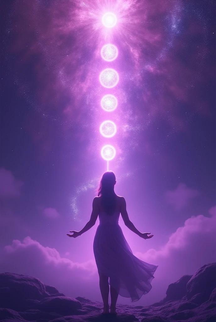A naked woman on top of a tree with branches in the middle of nowhere looking at her hands and a sky with violet light Receiving an epiphany in the spiritual