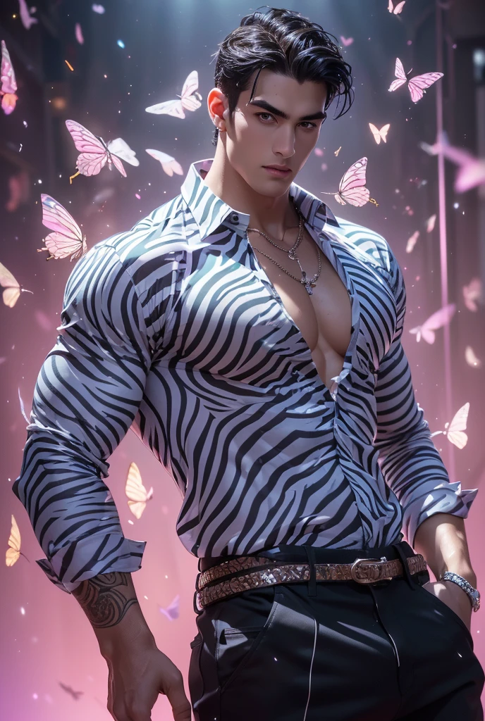 (absurdres, highres, ultra detailed), a tall handsome muscular young man, solo, beautiful detailed eyes, beautiful detailed lips, extremely detailed eyes and face, smooth skin, a hot glow in his skin, perfect body, large chest, extremely large breasts, big nipples, sexy gaze, looking at the viewer romantically, sexy expression, sexy posture, short hairstyle, ((wearing (zebra color printed exquisite shirt) and black pants, jewellery, necklace), (open shirt showcasing chest and abs)),  beautiful, gorgeous, wet, sensual, alluring, erotic, mature, butterflies on his body, butterflies flying through the air, gradient background, Sparkle & Sequin Backdrops, vibrant colours, breathtaking grandeur, model pose, colorful, artistic, focus on his calm facial features, elegant look, full length portrait,