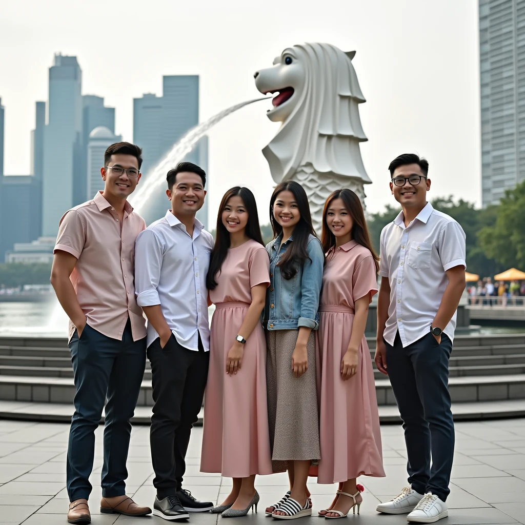 photorealism:1.2), 4 Indonesians, consisting of 2 men and 2 women, aged 40 years, the 2 men are dressed casually and 2 women are dressed modestly and wearing hijab, the 2 women, 1 is fat and the other is big and fat, the 4 people are standing behind the dining table with their faces facing the camera, the atmosphere of a very luxurious luncheon in a restaurant located in a tall building, clearly visible from the building's glass the view of the city is so dense with tall buildings and modern electric train lines, realistic, intricate details, warm colors, by Greg Rutkowski, by Alphonse Mucha
