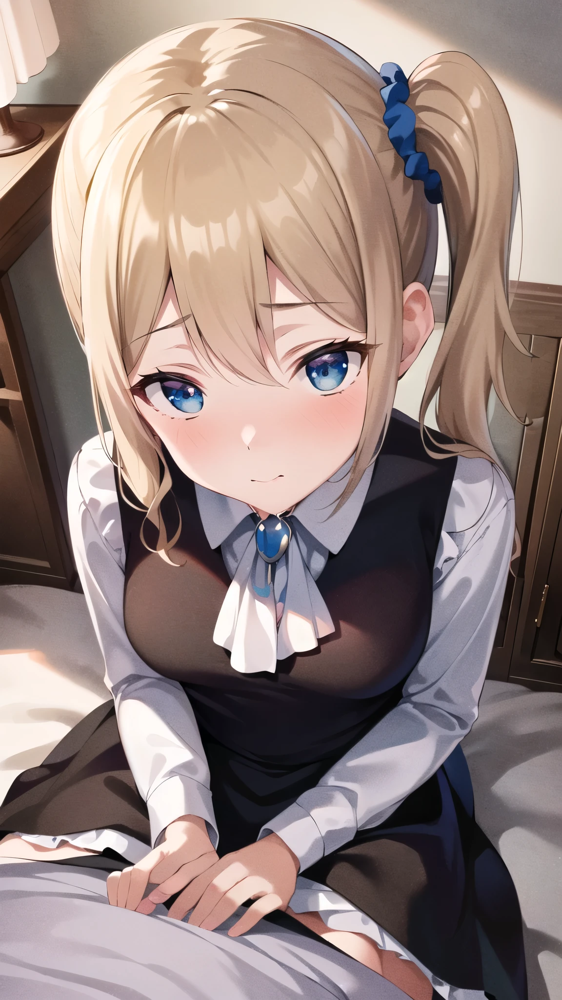 ****ta,teenage,((kawaii)),masterpiece, best quality, highres, aahayasaka, ((side ponytail)),medium breasts, ascot, collared shirt, black vest, long sleeves, maid apron, skirt, indoors, perfect hand,
break looking at viewer, Upper Body, whole body,
break (masterpiece:1.2), Highest quality, High resolution, unity 8k wallpaper, (shape:0.8), bedroom,(Beautiful attention to detail:1.6), Highly detailed face, Perfect lighting, Extremely detailed CG, (Perfect hands, Perfect Anatomy),(1 boy),((penis)),suck on that ,handjob,((1boy, 1girl, male pov, from above)), bedroom,small lip,