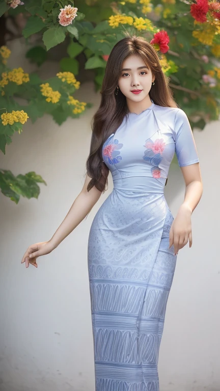 Burmese girl A smiling face with attractive curvy full body. Friends full-length bikini, (♥️ dress) reflective long dress painted with flower patterns, only dress. hi gh hips High resolution High resolution natural background High resolution HD 3D, 8K cartoon anime