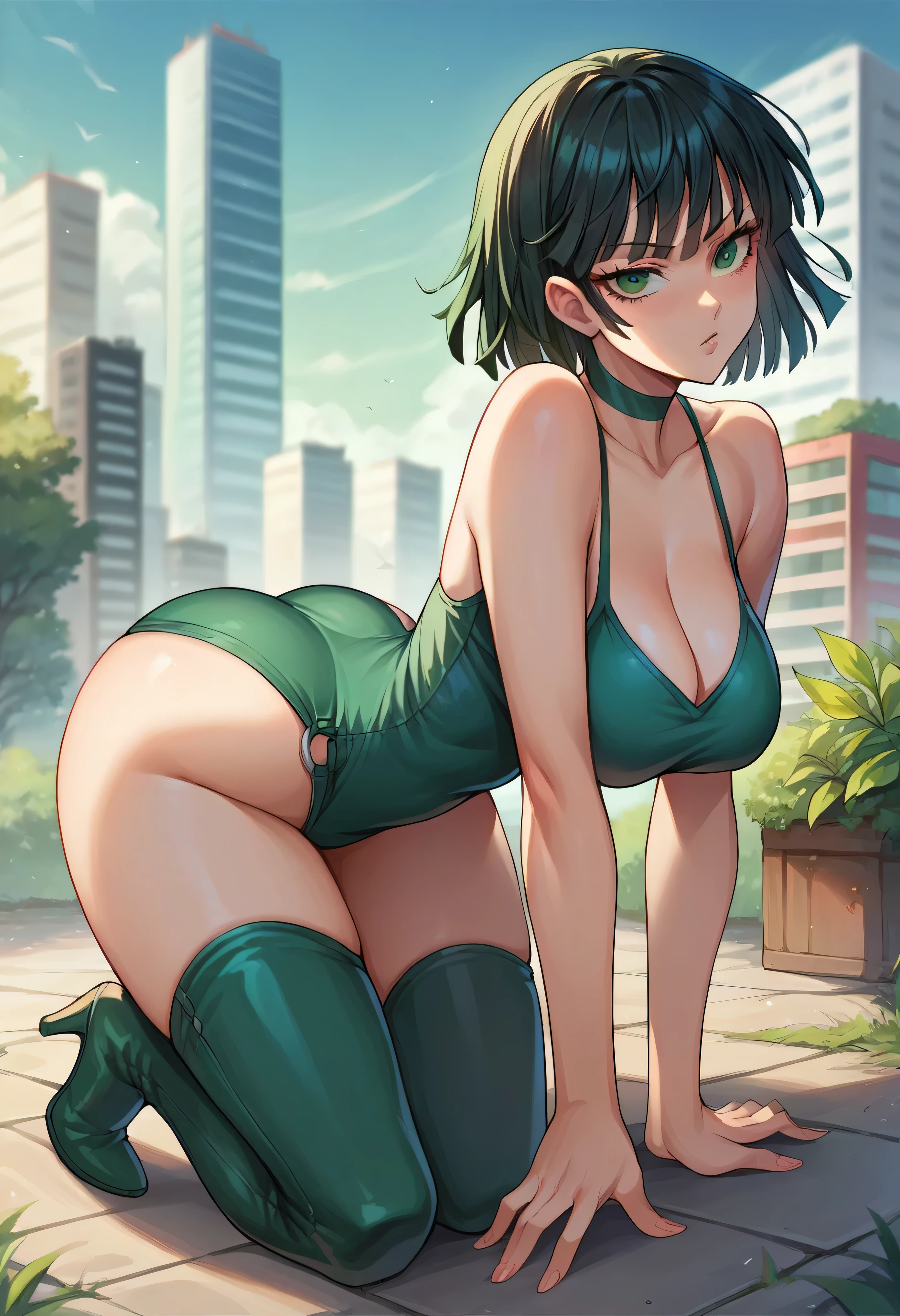 score_9, score_8_up, score_7_up, source_anime,
fubuki, fubuki, black hair, green eyes, short hair,
outdoors, cityscape,
looking at viewer, , wide hips, thighs, big breast, Thigh-high heeled boots, denim short, on all fours, ass focus