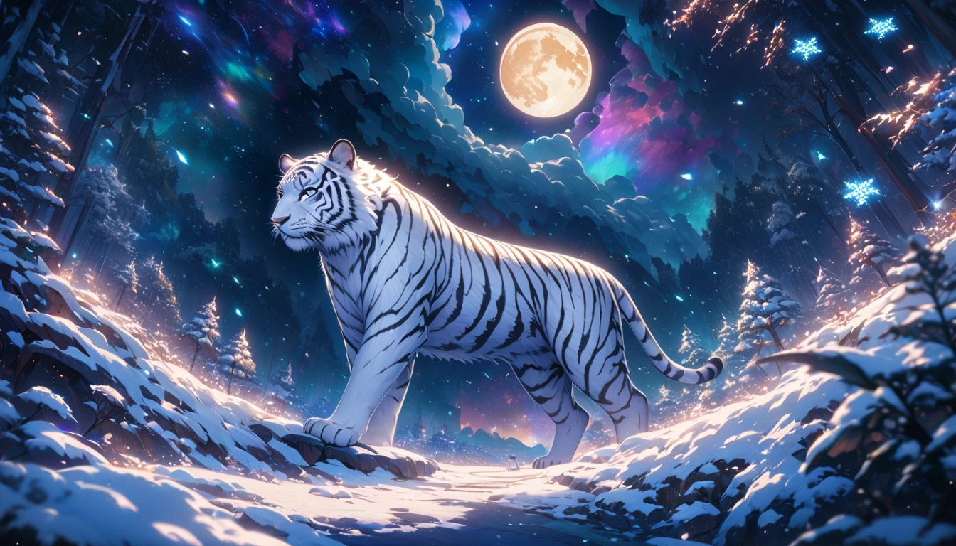 extensive landscape photography (a view from below showing the sky above and an open forest below), a white tiger on a path looking at the landscape, white siberian tiger, full fur, white fur (particle of light around of the tiger), toffu fur, night scenery, (full moon: 1.2), (shooting stars: 0.9), (nebula: 1.3), (warm light source: 1.2), (Firefly: 1.2), ( snowflake: 1.0), (snow on tree) (masterpiece: 1.2), (best quality), 4k, ultra detailed, (dynamic composition: 1.4), very detailed and colorful details, (iridescent colors: 1 ,2), (bright lighting, ambient lighting), dreamy, magical, (alone: ​​1,2)