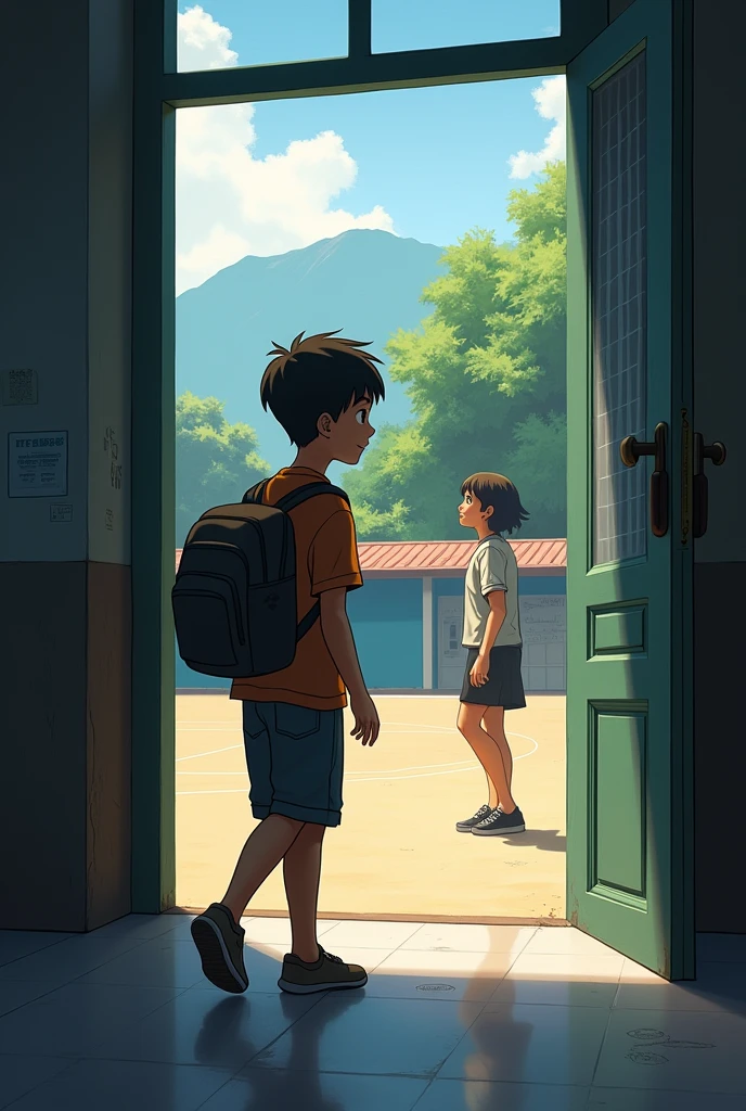 A boy standing by wearing bag and his left hand on handrail and bending towards right and looking a girl who's is walking downstairs (boy is on 30th step and girl is on 5th step from bottom stairs contains 32 steps