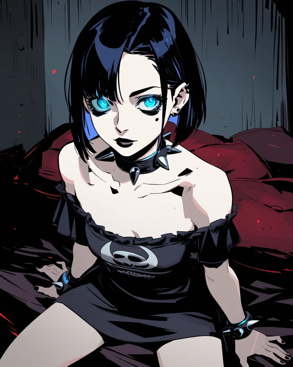 source_anime, score_9, score_8_up, score_7_up, score_6_up, hds style, cel shading, linear hatching, dark theme, (dark background:0.8), low light, looking at viewer, curled black hair, short hair, goth makeup, blue eyes, small breasts, goth outfit, spiked bracelets, accessories, pale skin, collarbone, bedroom, night, glowing eyes, high angle