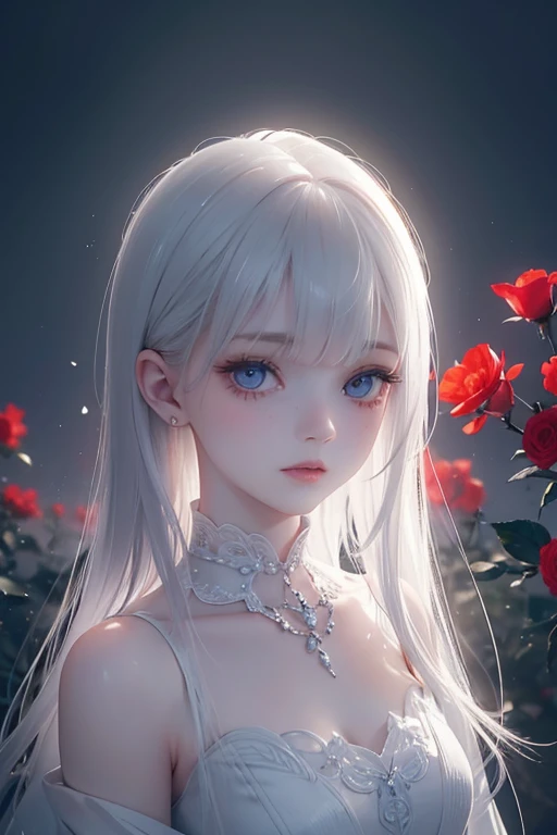 masterpiece, 最high quality, midnight, forest, full moon, long snow white hair, woman, princess, performer, mysterious camellia tree, camellia leaf, high quality, beautiful graphics, high detail