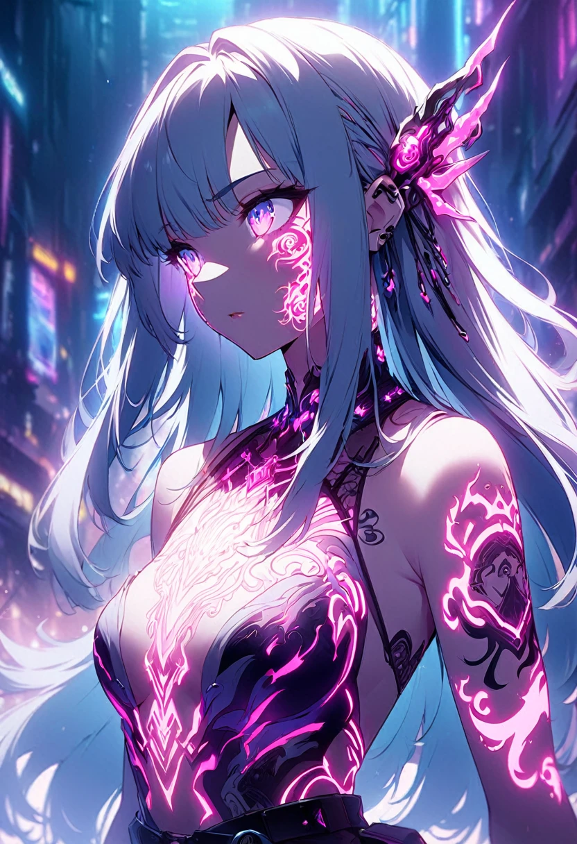 Cyberpunk、Artistic anime illustration of a cool girl adorned with thick, glowing neon dragon tattoos on her body and face、Neon glow、The scene has a dreamy, soft-focus effect that accentuates the brilliance of the tattoo.睨み、手の甲、