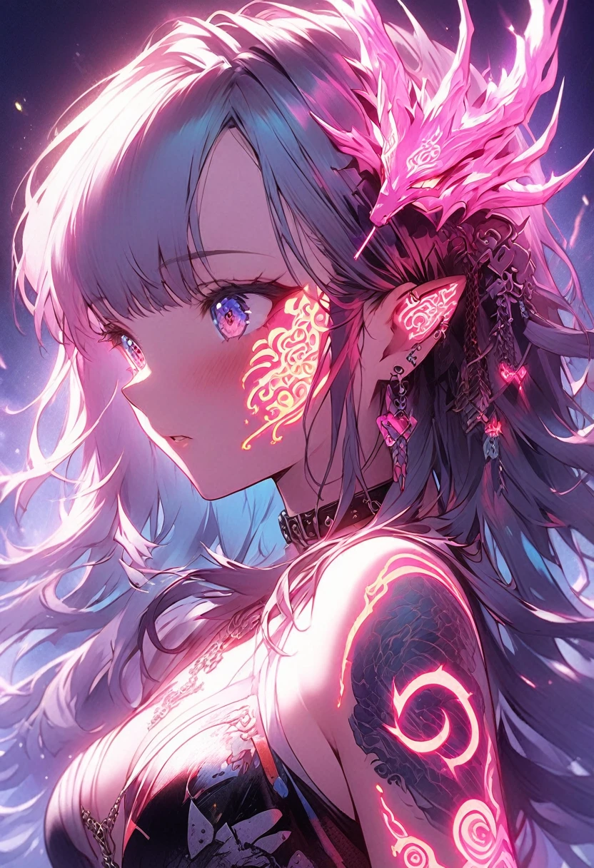 Cyberpunk、Artistic anime illustration of a cool girl adorned with thick, glowing neon dragon tattoos on her body and face、Neon glow、The scene has a dreamy, soft-focus effect that accentuates the brilliance of the tattoo.睨み、手の甲、