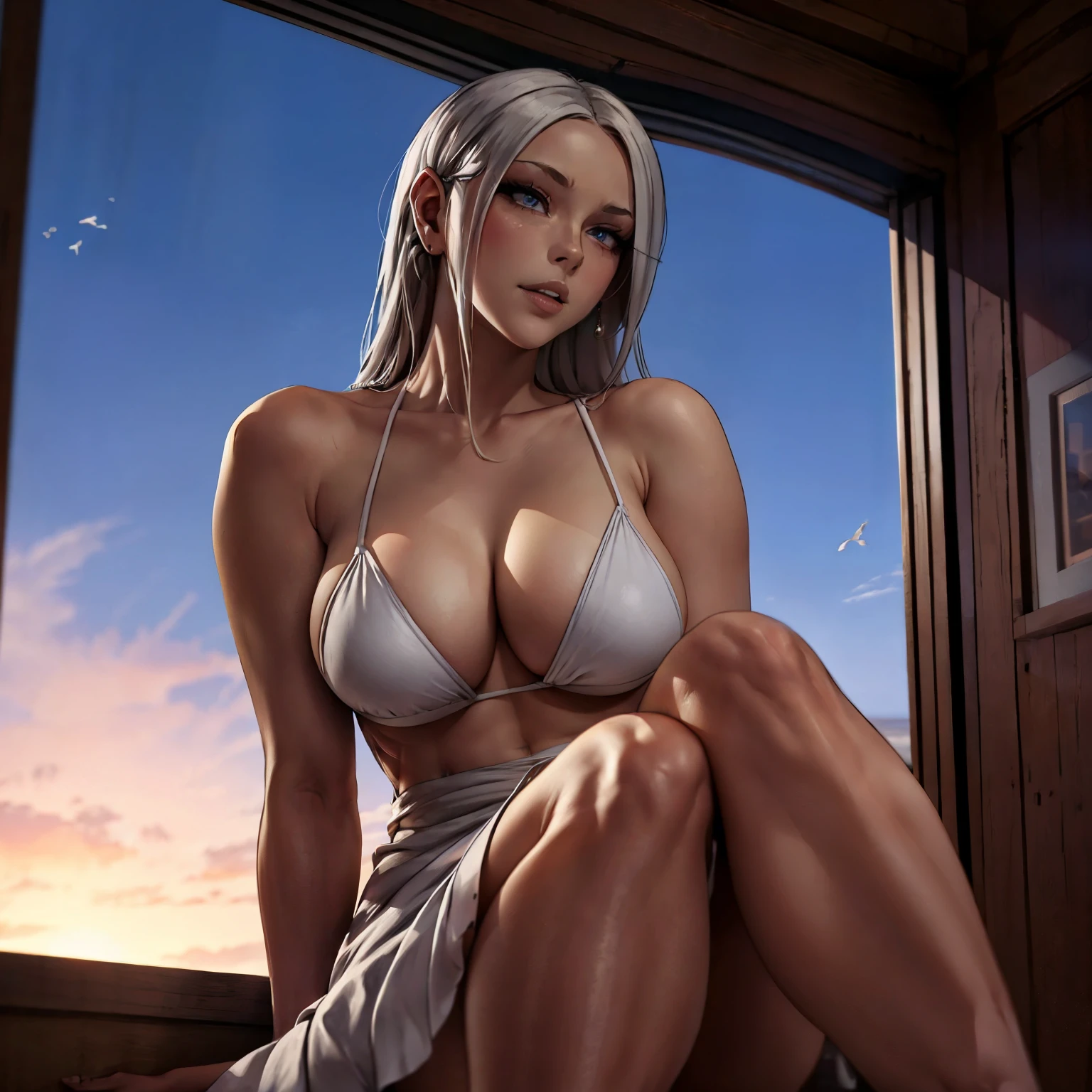 (masterpiece), best quality, expressive eyes, perfect face, Mirko , 30 year old women, greyish white hair ,facing towards screen  parted lips  feminine figure body wearing full beach and bikini , beautiful expressive eyes ,  4k backlighting, smirky face , sexy figure posing near window , wearing night lingerie and gown till knees