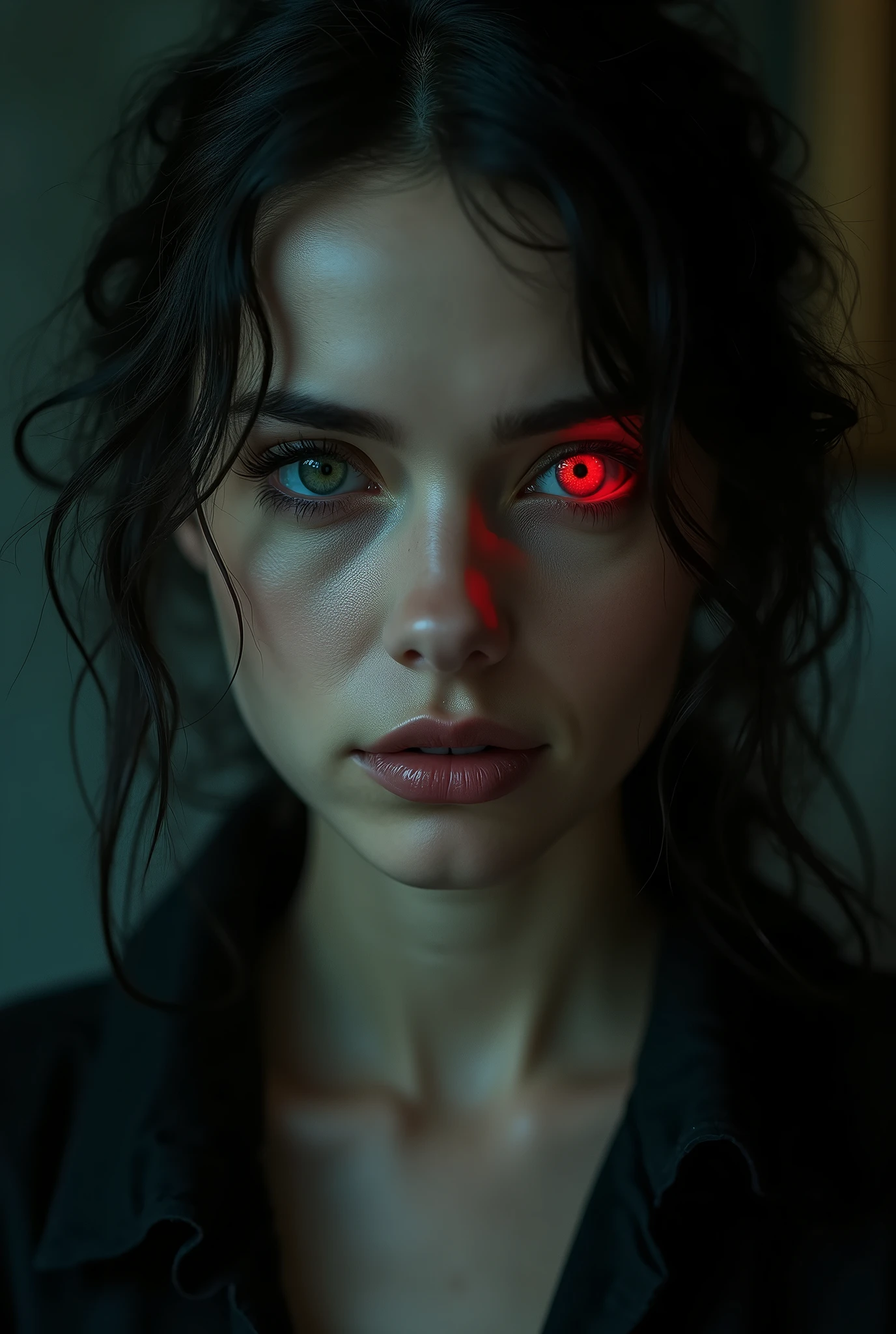full body photo of Jo_in woman, vampires, with very long canine teeth, sample tusks. Close-up photo of a dangerous and mysterious killer, serious expression, long black ponytail, thick black frame glasses, tight bodysuit, night time Raby, (luminous golden eyes:1.2), ((best qualityer)), details Intricate, bright rear lighting, cyan and yellow neon lights in the background, cinematic, cinematographic, medium shot, 4K, Frontlight, cinematic lighting(night time:1.1), (Raby:1.2), highly detailed skin, blood splatters, blood drops washing away in the Raby, cicatriz
