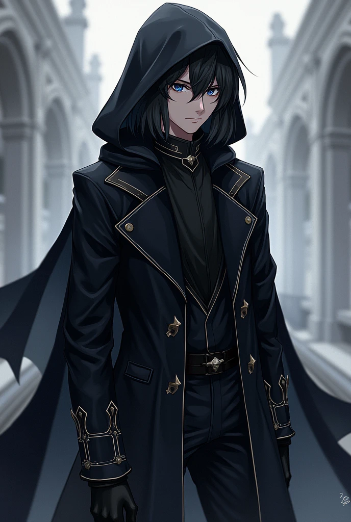 ((quality)), ((art)), ((best)), ((Anime)), ((detailed)), 1 ((boy)), wears a ((black coat)), style ((cool )), with ((sleeves)), ((long)), with a ((long cape)), which almost reaches the ((floor)), and a ((hood)), to cover the ((head) ),