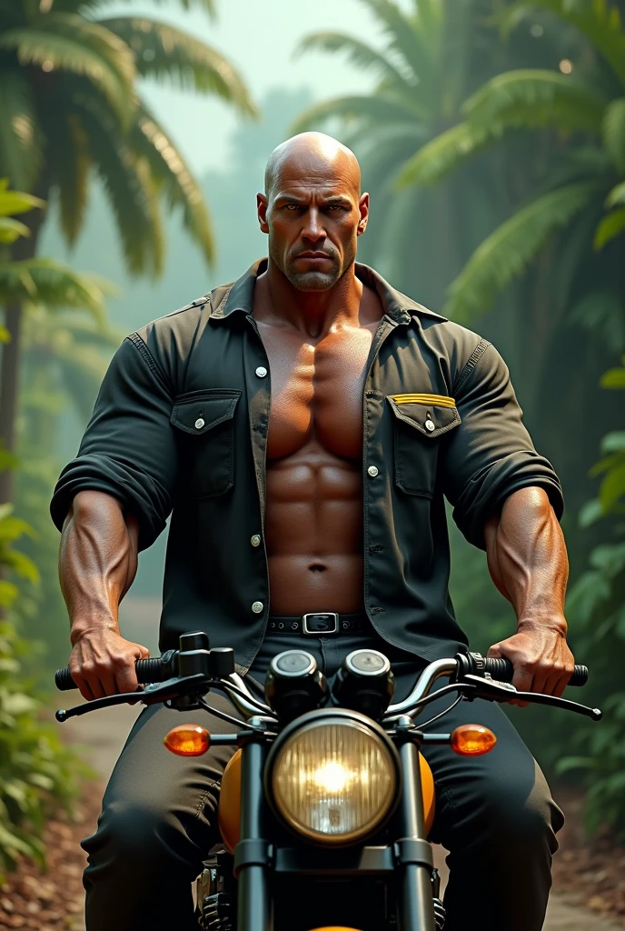 Big giant body builder men wearing unbuttoned red velvet shirt on heavy motor bike in jungle