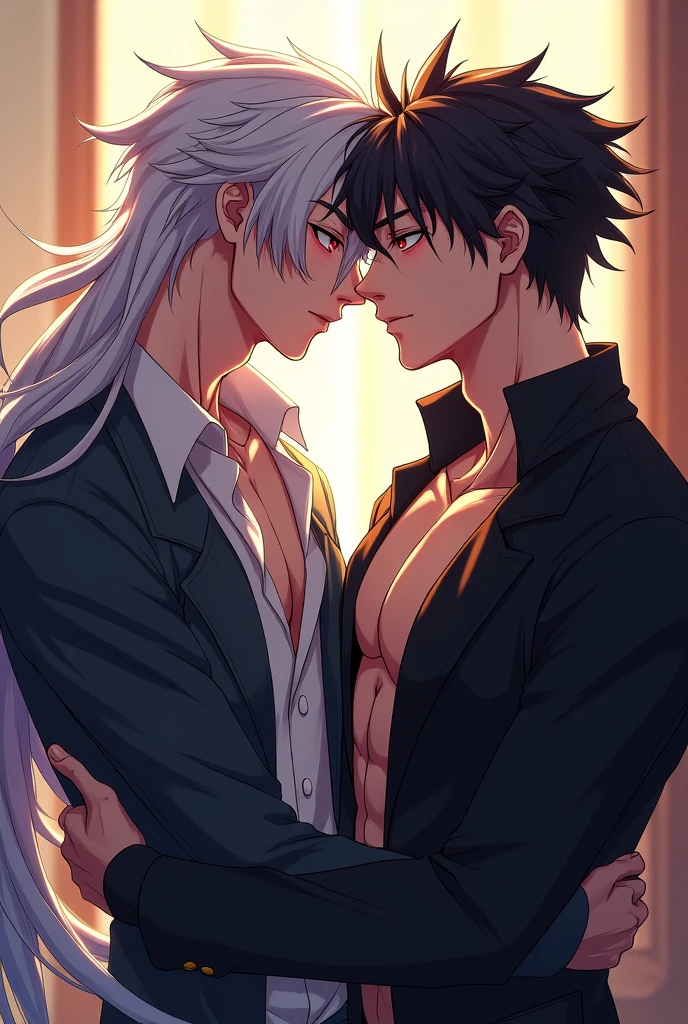 two males, 2 anime assassins, with long black hair freckled skin intimatelykissing, handsome, with long white hair, blue/grey eyes half way closed, facial expressions of happiness and love, intimatehug, Dark fantasy romantic semirealistic manga comic style. Volumetric and dynamic lighting. Hyperdetailed photorealistic hyperrealistic, Stunning dark fantasy,perfect body and face, Dark fantasy romantic semirealistic manga comic style, Volumetric and dynamic lighting, Hyperdetailed photorealistic hyperrealistic, Stunning dark fantasy,"