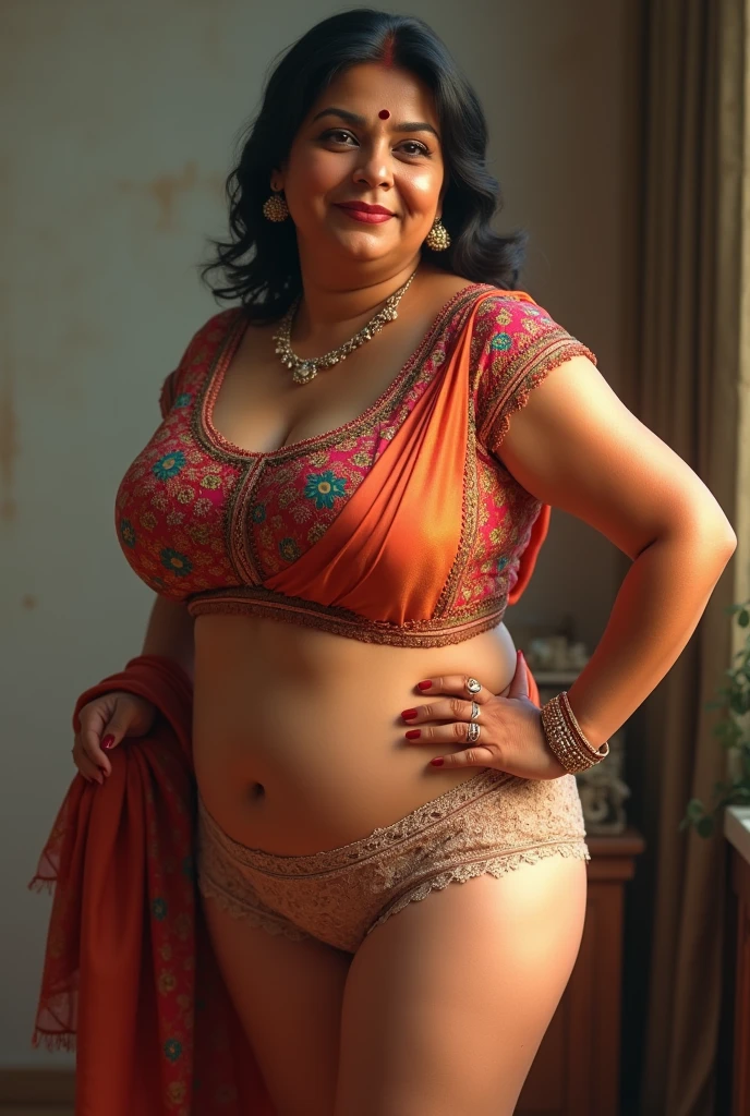 Foto RAW, photorealistic, photography, full body shot, 50 years old Woman, master shot, perfect eyes, goddess like beauty, pierced eyes, perfect thick chubby mallu Desi aunty bhabhi, Wearing a Stanapatta, a chest-band.Saree model, model Photography, Indian saree shoot, Indian traditional wear advertising photography, traditional wear brand shoot, face of Indian actress Sonakshi Sinha, masterpiece, realistic, realism, incredible details,  pleasure, photorealism, detailed skin, skin pores, high contrast, photorealistic Artstation 8k HD digital art trend of high definition and detailed realistic skin texture, ultra detail, realistic skin texture, armature, best quality, ultra high definition, (photorealistic:1.4),, high resolution, detail, raw photo, sweat, Re sharp, by Lee Jefferies Nikon D850 Film Stock Photo 4 Kodak Portra 400 Camera F1.6 Lens Rich Color Ultra Real Realistic Realistic Textures Dramatic Lighting Unreal Engine Trending at Art Station Cinestill 800,(pele altamente detalhada: 1.2), 8k UHD, DSLR, soft-lighting, alta qualidade, grain of film, Fujifilm XT3,she didn't like to wear blouse or bra, she is happy to wear only saree, she hates blouse or bra, detailed hairy armpits, hyper realistic skin, skin pores, sweat, veins, 