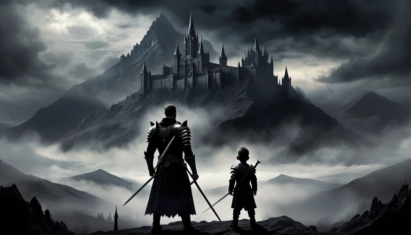 Photo Digital painting with gothic style and dark and moody atmosphere. In the background, there is a large and threatening mountain with platinum crests and pointed towers, partially obscured by swirling clouds and fog. The layout features the silhouette of a warrior man, facing the camera in the foreground. The man, with hair pinned back, appears holding the child&#39;s hands, while the child looks at her. Both figures are in black, contrasting with a fiery red and orange and dark green background. The overall color palette is dominated by deep reds., oranges and blacks, creating a dramatic and intense scene.