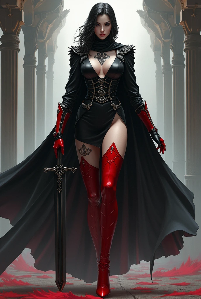 woman in a red hoodie and black leather outfit holding a sword, female rouge assassin, female vampire warrior, thief red riding hood, lady in red armor, castlevania witch, female assassin, evil sorceress, sylvanas windrunner, beautiful female assassin, jessica nigri, katarina from league of legends, cosplay on black harley queen, vampire queen