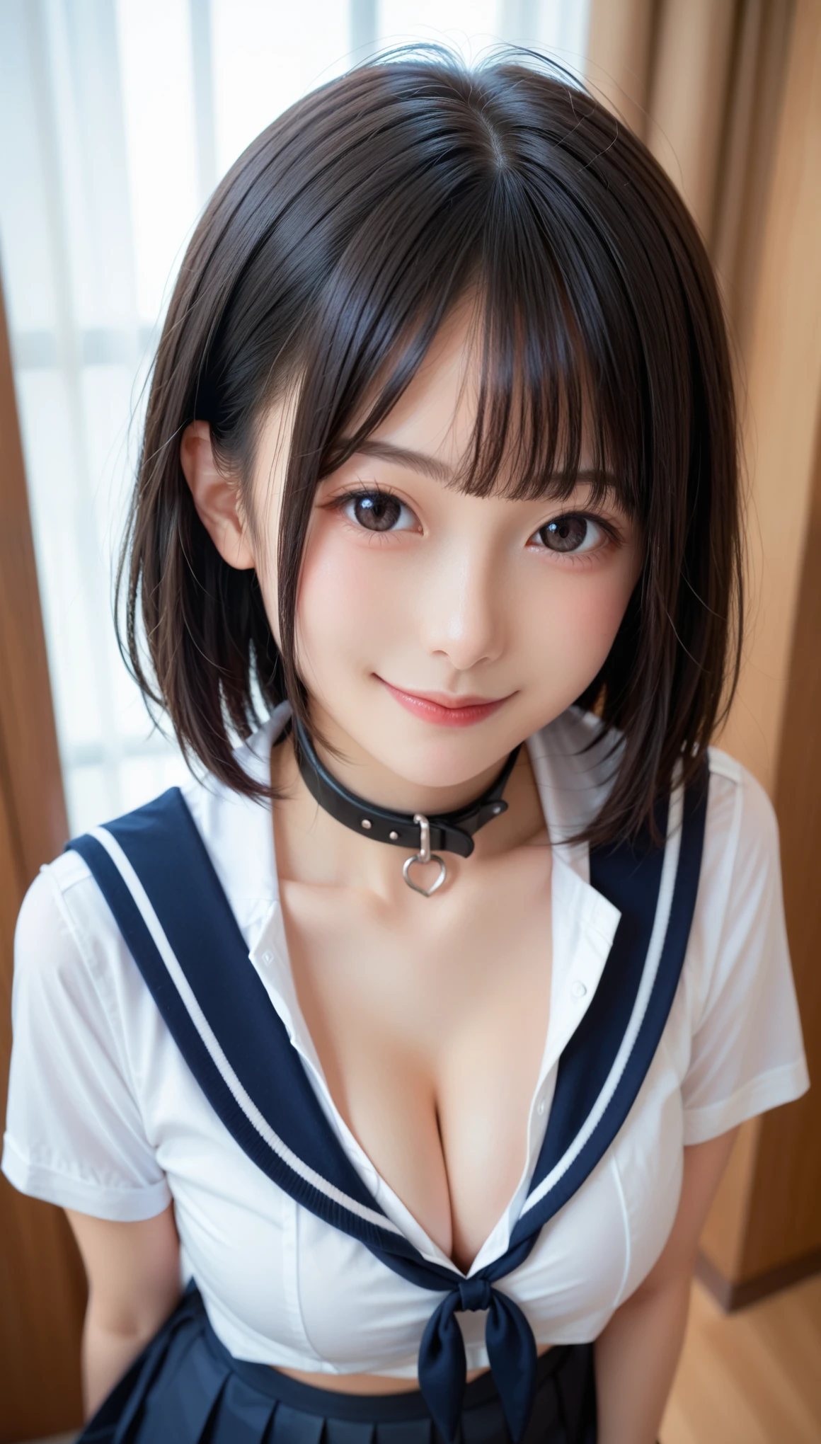 score_9,score_8_up,score_7_up,best,quality,ultra detailed,absolutely resolution,1 Japanese Young cute girl,Black hair,medium hair+forehead,large breasts,school uniform+cleavage,erection of nipple,Black collar,Smile,from above,looking at viewer,private room