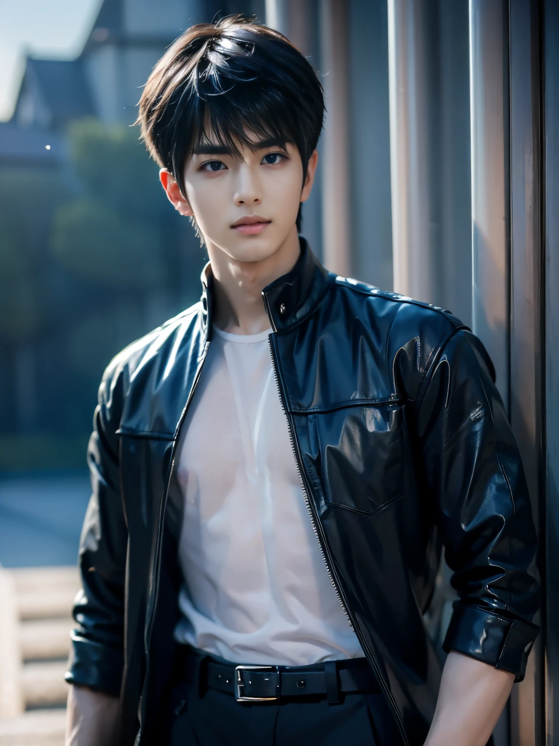 (masterpiece, realistic, absurdres:1.2), (photorealistic:1.5), RAW photo, high resolution, best quality, 8K,1boy, Noctis, ulzzang boy, chinese boy, very handsome, perfect face, intricate detail, Extremely detailed, professional photography, Bright colors, Clear focus, perfect hair, young man, (black see through shirt:1.2), muscular, slim muscular, (perfect hands, 5 fingers) , clear and beautiful detailed eyes, perfect eyes, Playful expression, abs, soft skin, detailed skin, detailed highlights and shadows, Excellent body proportions, Correct anatomy, looking at camera, male focus, black jacket, fingerless gloves, belt, black pants, boots, gentlesunlight, Cinematic Lighting, Warm colors, full-body shot, ornate futuristic castle background,