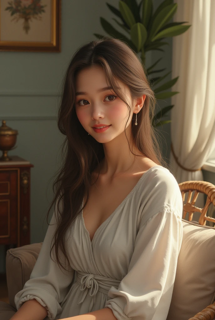 ((top-quality、8K、​masterpiece:1.3))、1girl in、Slim beautiful woman:1.3、(Casual Hairstyles、huge tit:1.2)、Casual clothing:1.2、By the sea、Super Detail Face、Delicat eyes、二重まぶた、kindly smile