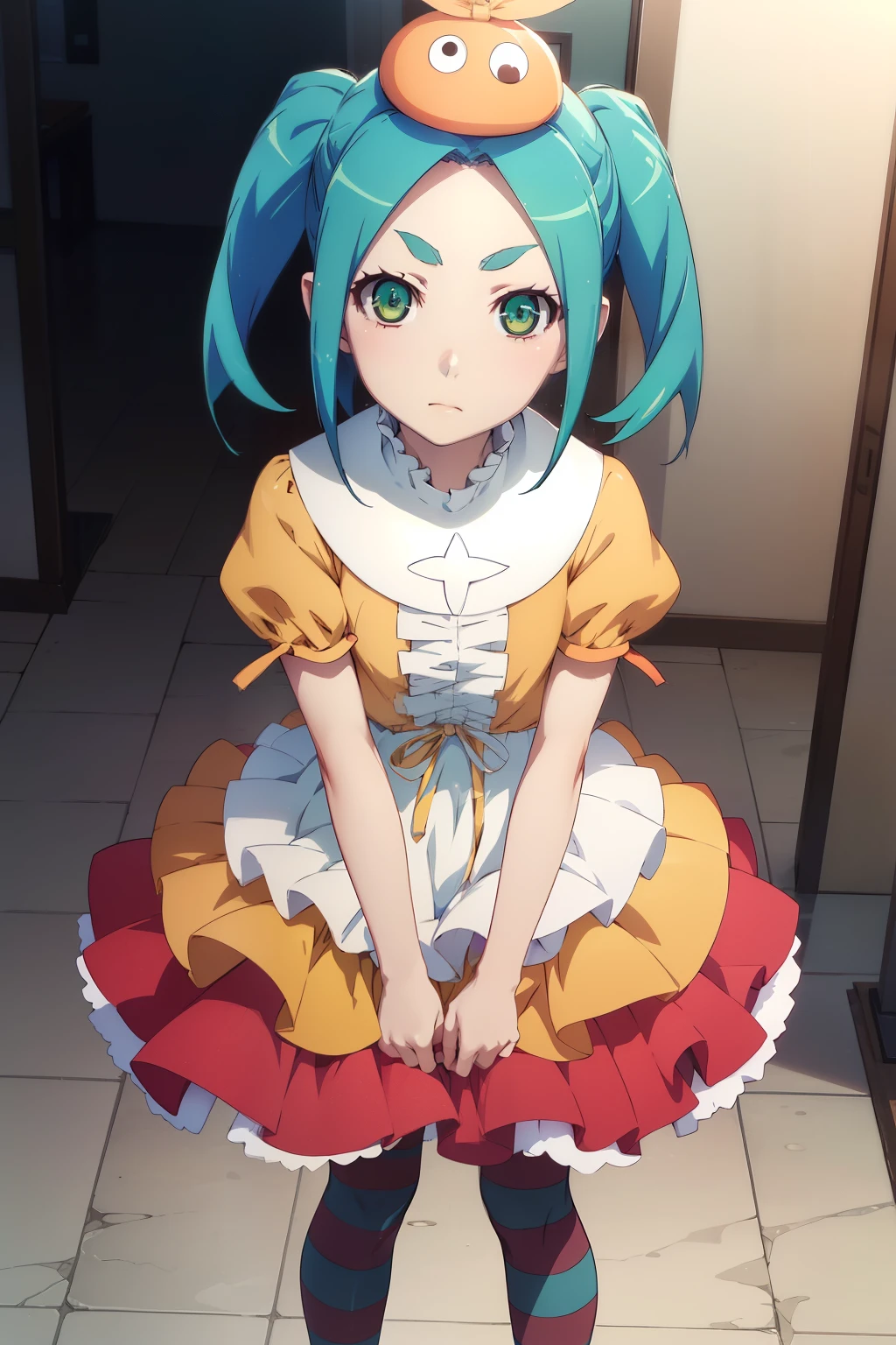 masterpiece、Best Quality、High resolution、Detailed face、((anime、anime塗り、animeカラーリング、RAW Photos、Bakemonogatari、official))、standing on tiptoe、 1girl, Alone, looking at viewer, ononokiyotsugi, aqua hair, short hair, green eyes, twintails, thick eyebrows, striped pantyhose, blue and gray pantyhose, dress, orange dress, white turtle neck collar, white frills, hat, puffy sleeves, short sleeves,Alone, close up, closed mouth、