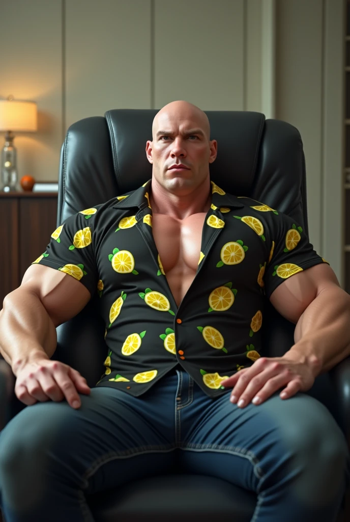 Face of Dwayne Johnson the rock ,body of lady , big boobs wearing bra resting in the chair drinking juice