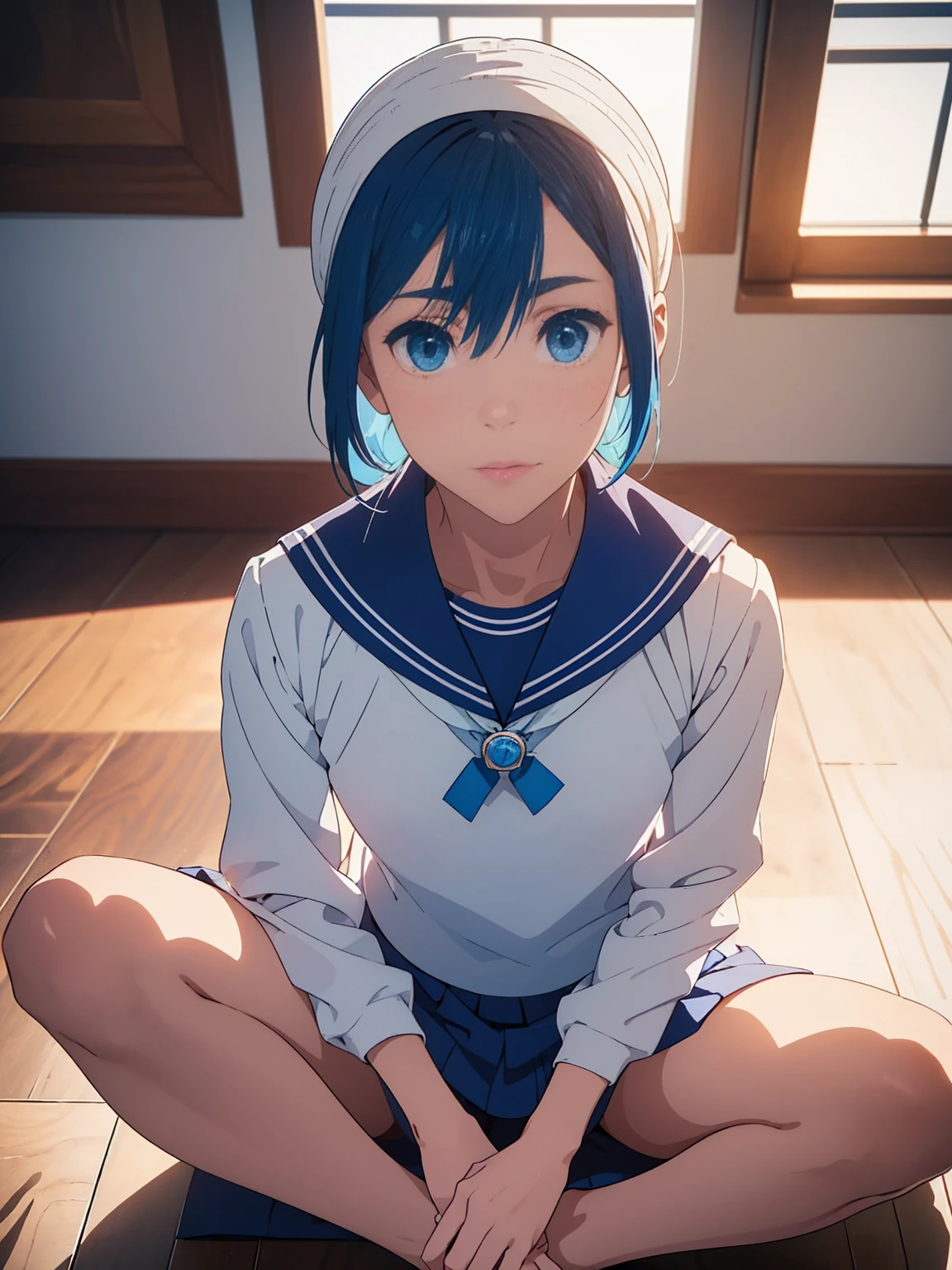 Cornflower art, dreamy, (masterpiece, top quality, perfect anatomy, beautiful face, realistic, super detailed, 1 girl, 18 ears senile, solo, depth of field, canon 24mm lens, f1.4, cute_girl, sailor_ collar, clear facial features, short sleeves, small breasts, slender height, height 150cm, barefoot, double ponytail, bangs, gravure pose, indoor, slouch, Chest gap jungle, blurred background, (Uwabaki: 1.1576)) whole body, clear liquid dripping from the crotch, the front of the shirt is exposed, breasts are visible, transparent bra, light blue striped buns, erotic, , NSFW movie, strange, beautiful pee, holy water, (), crotch jungle,
