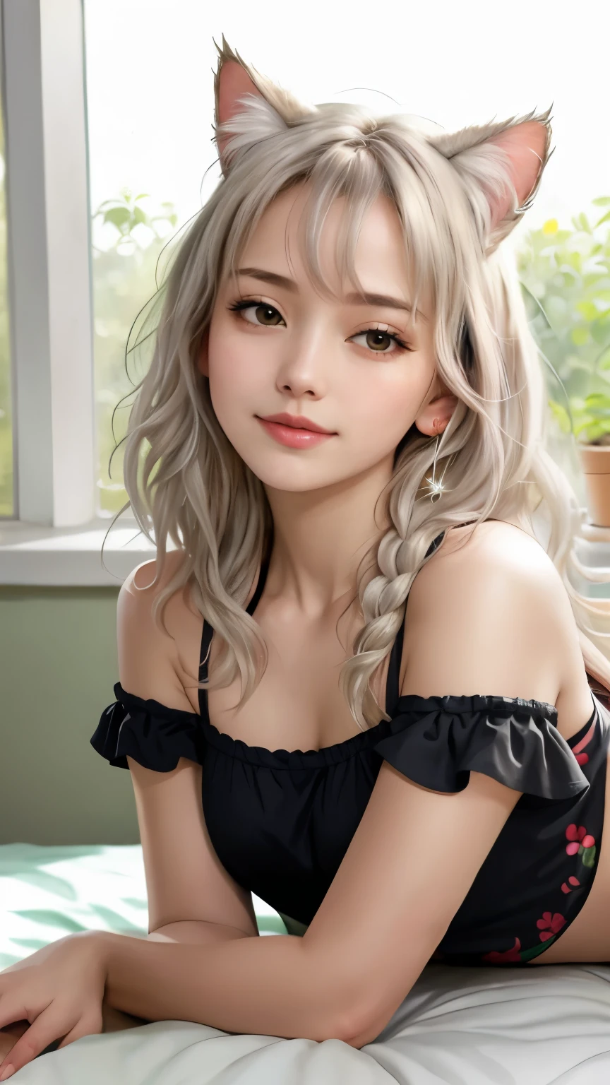 (photorealism:1.2), anime style, beautiful woman, 30 years old woman, lying on her back, looking up, wearing tight and short off-shoulder top, cropped top, pajama shorts, long curly hair, indoors, soft lighting, plants in background, window with sunlight, cozy room, realistic, intricate details, warm colors, white hair, cat ears, hands tied together over her head, small cup size, braided, rote schleife im haar, smirk, blush, perfect hands, thin lips,