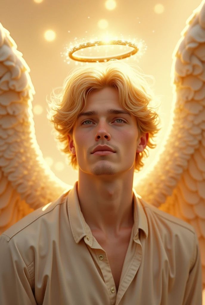 Cool and sexy Japanese men、Angel&#39;s wing、Slightly long blonde upper body image、Looking at the front-facing camera、Upper body naked、Background white light、Background blue sky with rainbow、Smiling a little