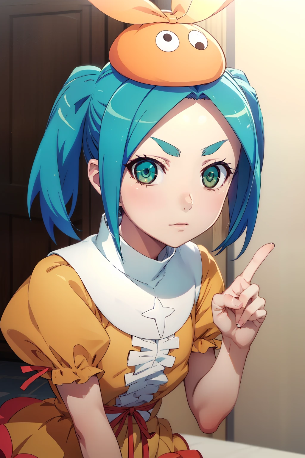 masterpiece、Best Quality、High resolution、Detailed face、((anime、anime塗り、animeカラーリング、RAW Photos、Bakemonogatari、official))、ｖ、peace sign、 1girl, Alone, looking at viewer, ononokiyotsugi, aqua hair, short hair, green eyes, twintails, thick eyebrows, striped pantyhose, blue and gray pantyhose, dress, orange dress, white turtle neck collar, white frills, hat, puffy sleeves, short sleeves,Alone, close up, closed mouth、