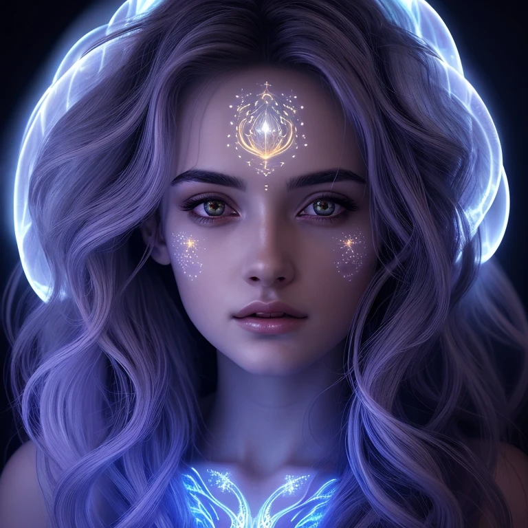 a celestial being, highly detailed intricate features, glowing eyes, iridescent skin, flowing celestial hair, celestial patterns, ethereal and otherworldly, beautiful detailed face,8k, ultra-detailed, photorealistic, masterpiece, dynamic lighting, dramatic lighting, cinematic lighting, volumetric lighting, dramatic shadows, vibrant colors, cosmic, surreal, digital art, rayos, bastante iluminacion