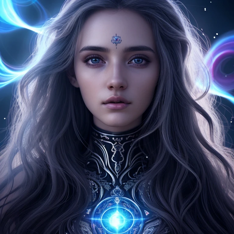 a celestial being, highly detailed intricate features, glowing eyes, iridescent skin, flowing celestial hair, celestial patterns, ethereal and otherworldly, beautiful detailed face,8k, ultra-detailed, photorealistic, masterpiece, dynamic lighting, dramatic lighting, cinematic lighting, volumetric lighting, dramatic shadows, vibrant colors, cosmic, surreal, digital art, rayos, bastante iluminacion