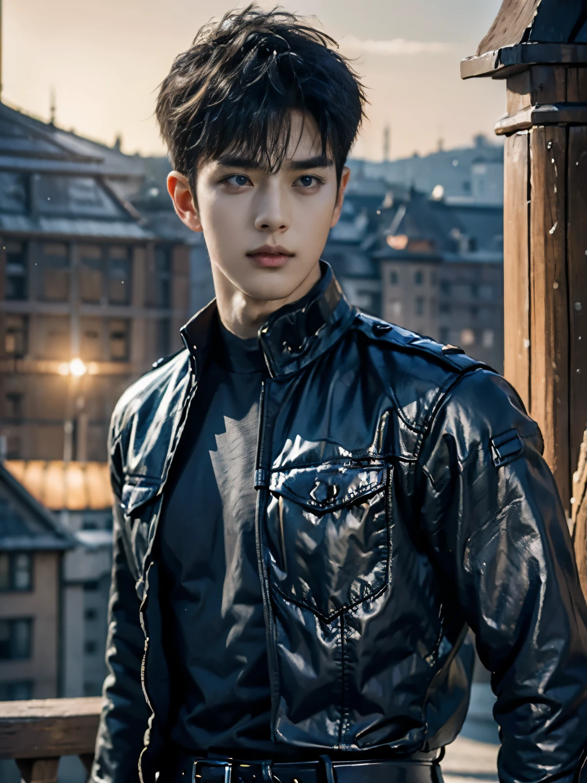 (masterpiece, realistic, absurdres:1.2), (photorealistic:1.5), RAW photo, high resolution, best quality, 8K,1boy, Noctis, ulzzang boy, chinese boy, very handsome, perfect face, intricate detail, Extremely detailed, professional photography, Bright colors, Clear focus, perfect hair, young man, (black see through shirt:1.2), muscular, slim muscular, (perfect hands, 5 fingers) , clear and beautiful detailed eyes, perfect eyes, Playful expression, abs, soft skin, detailed skin, detailed highlights and shadows, Excellent body proportions, Correct anatomy, looking at camera, male focus, black jacket, fingerless gloves, belt, black pants, boots, gentlesunlight, Cinematic Lighting, Warm colors, full-body shot, ornate futuristic castle background,