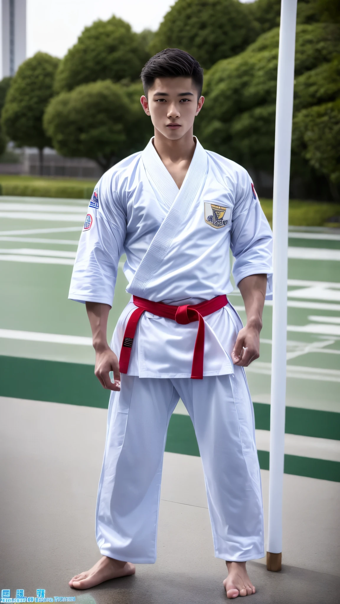 photograph, 超リアリスティックなphotograph, Young handsome man, evil, Accurate facial depiction, Full body image, Stand Up Strong, Athlete-like muscular body, White karate uniform, White karate pants, Tokyo