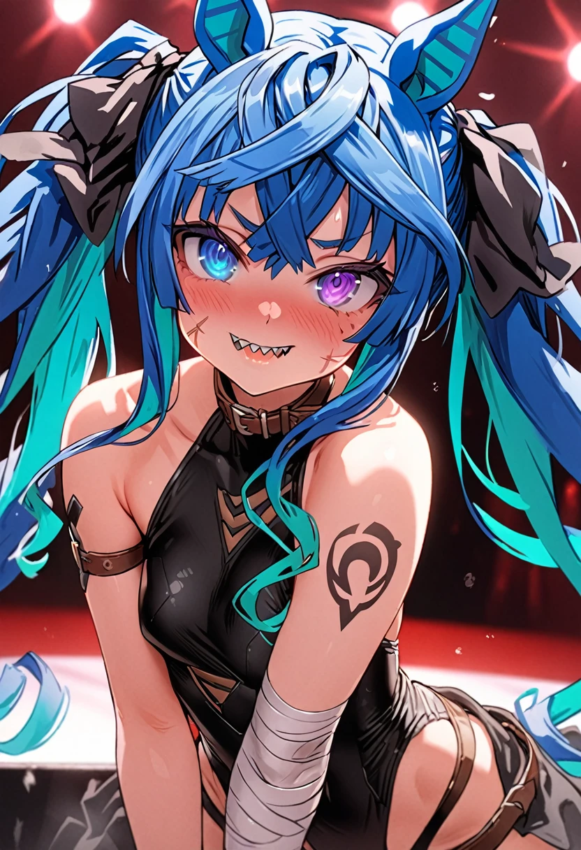 masterpiece,Highest quality,High resolution,Super detailed,4k,8k, solo, 1girl, live stage, ((cute)), Twin Turbo, Umamusume, aqua hair, twintails, heterochromia, purple eyes, blue eyes, sharp teeth, jack the ripper costume outfit\(fate/apocrypha, scars, scar on right eye, scar on left cheek, shoulder tattoo, bandages, bandaged arm, arm belt, belt, sleeveless, fingerless gloves, single glove\), glossy lips, Baby girl body shape, Embarrassed, seductive model posing, perfect anatomy, noise removal