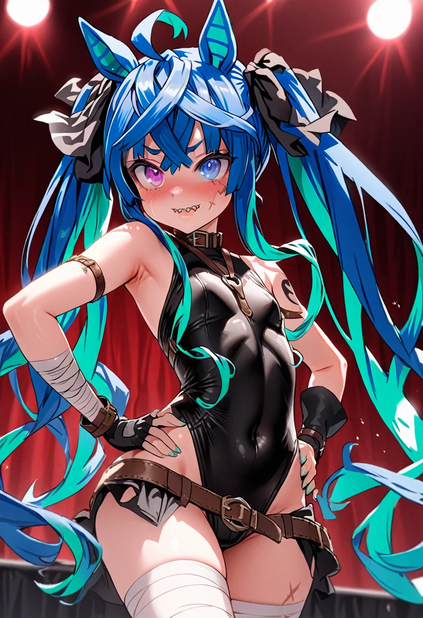 masterpiece,Highest quality,High resolution,Super detailed,4k,8k, solo, 1girl, live stage, ((cute)), Twin Turbo, Umamusume, aqua hair, twintails, heterochromia, purple eyes, blue eyes, sharp teeth, jack the ripper costume outfit\(fate/apocrypha, scars, scar on right eye, scar on left cheek, shoulder tattoo, bandages, bandaged arm, arm belt, belt, sleeveless, fingerless gloves, single glove\), glossy lips, Baby girl body shape, Embarrassed, seductive model posing, perfect anatomy, noise removal