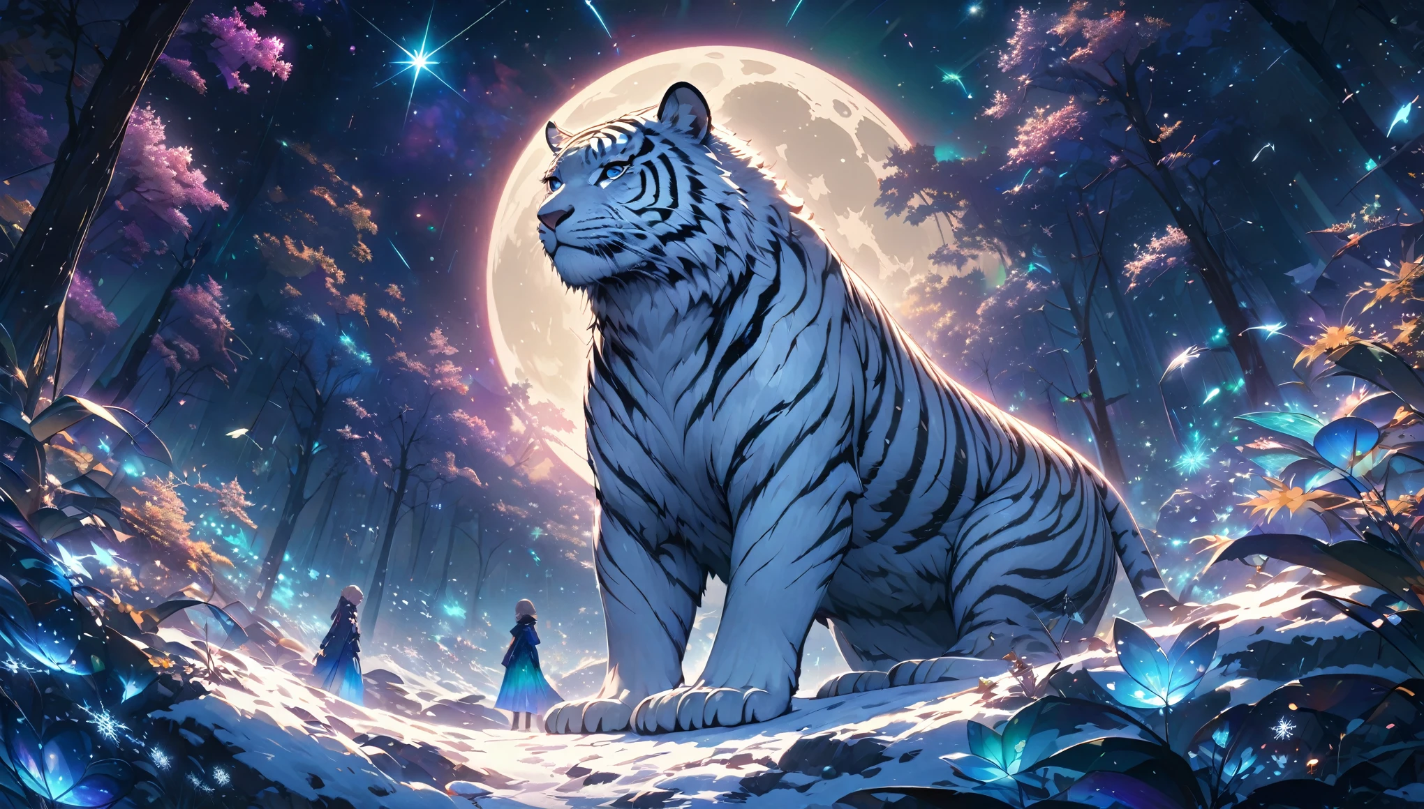 extensive landscape photography (a view from below showing the sky above and an open forest below), a white tiger on a path looking at the landscape, white siberian tiger, full fur, white fur (particle of light around of the tiger), toffu fur, night scenery, (full moon: 1.2), (shooting stars: 0.9), (nebula: 1.3), (warm light source: 1.2), (Firefly: 1.2), ( snowflake: 1.0), (snow on tree) (masterpiece: 1.2), (best quality), 4k, ultra detailed, (dynamic composition: 1.4), very detailed and colorful details, (iridescent colors: 1 ,2), (bright lighting, ambient lighting), dreamy, magical, (alone: ​​1,2)