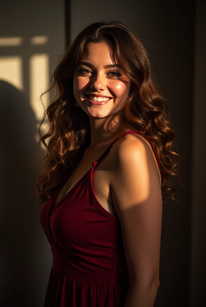 A close-up of a sensual, evil-smiling seduction scene in A Bewitching: A glamorous female singer with overwhelming beauty and heavy makeup, wearing her stage costume of a crimson satin off-shoulder dress with glitter, suddenly appears from the shadows of an unoccupied, eerily bright ship's corridor and seductively beckons a lost man. The man succumbs to his carnal desires and gives in to the temptation, losing himself in the pursuit of the woman's voluptuous buttocks as he is led along. The woman, who entered the elevator first, urges him to enter, saying that they will do something naughty inside, when the elevator is broken, and in fact the entire bottom panel has fallen out, revealing an abyss inside the shaft. She is a lost evil spirit who lures the living to death. Demonic, evil, lascivious smile showing teeth and tongue, head tilted back, seductive gaze, looking at the viewer, front, pov, focus on woman, bust shot, bright and strong overall lighting, brunette with short perm, reflective blue eyes, wet and shining red lips, aesthetic, glamour, soft and curvy, white skin, neck, collarbone, shoulders, cleavage, huge breasts, red long gloves,