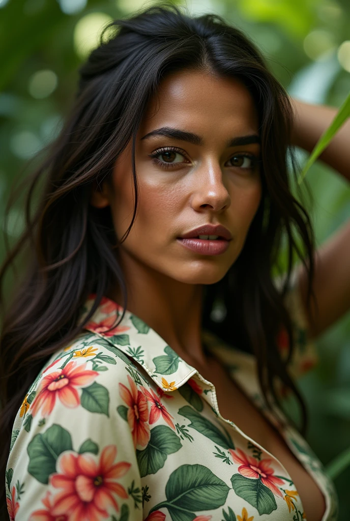 color professional photo of (EmmaBinnya:0.8), uhq, detailed face, piercing eyes, (wearing jacquard wrap top with a polo shirt:1.4), best quality, ultra-detailed, solo, contrast, clear sky, analog style (look at viewer:1.2) (skin texture) (film grain:1.3), (Cool tones, green hue:1.1) - An image of a lush forest with cool, green tones to convey a sense of freshness and tranquility., close up, cinematic light, backlighting, ultra high res, best shadow, RAW