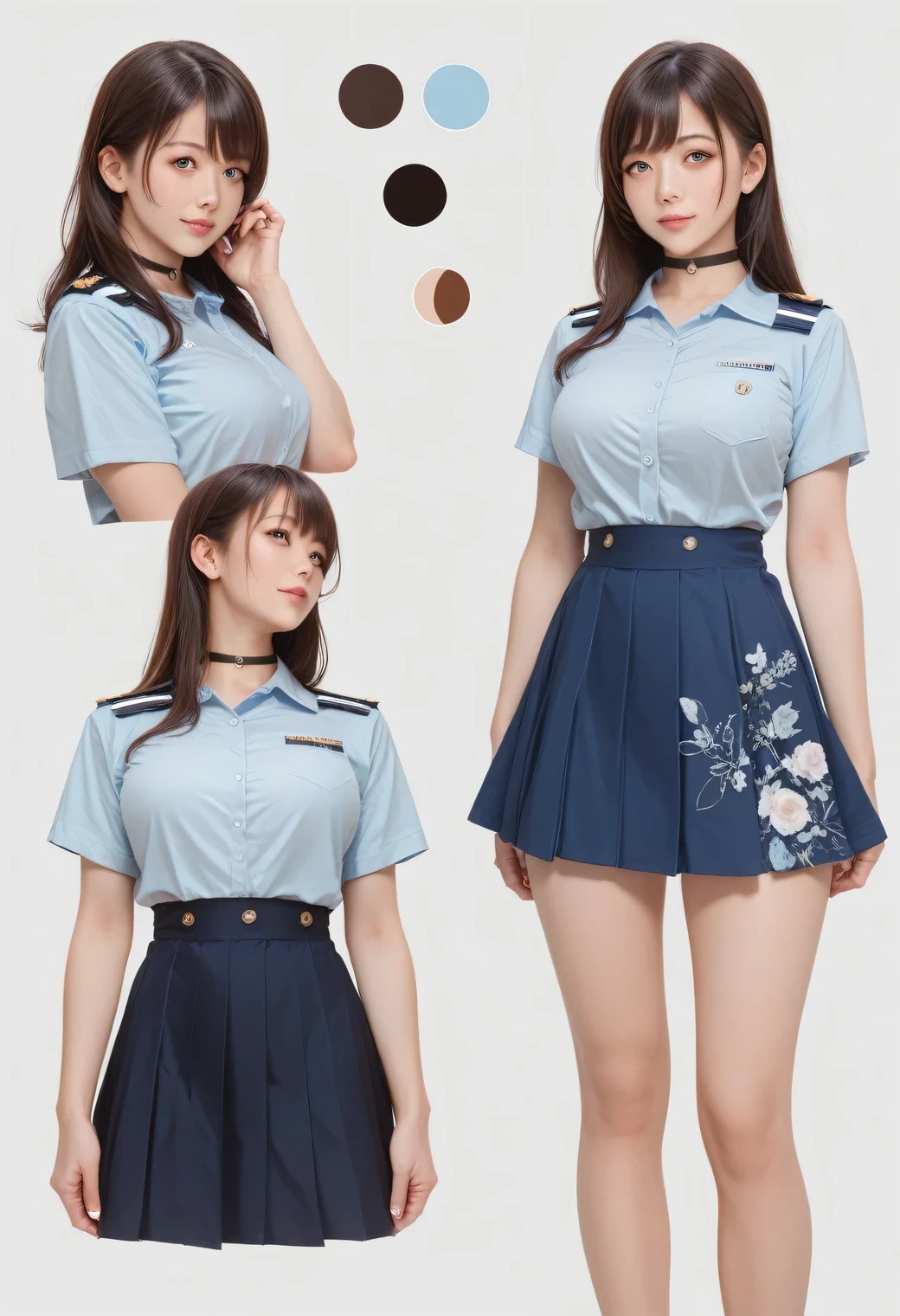 Score_9, Score_8, Score_8 Up, Best Quality, photograph, Live Action, Standing girl, ((Character Sheet, Character design sheet, Three Views, Front, Back and Side, Simple Background)), Big Boobs, Slim face, The body is slim, bangs, Brown Hair, Straight Hair, Natural Makeup, Almond Eye, Black choker, Looking into the camera, Japanese idol faces, ((Light Blue Blouse, mini skirt, Uniform, Summer clothes)), Happy expression, Big Breasts