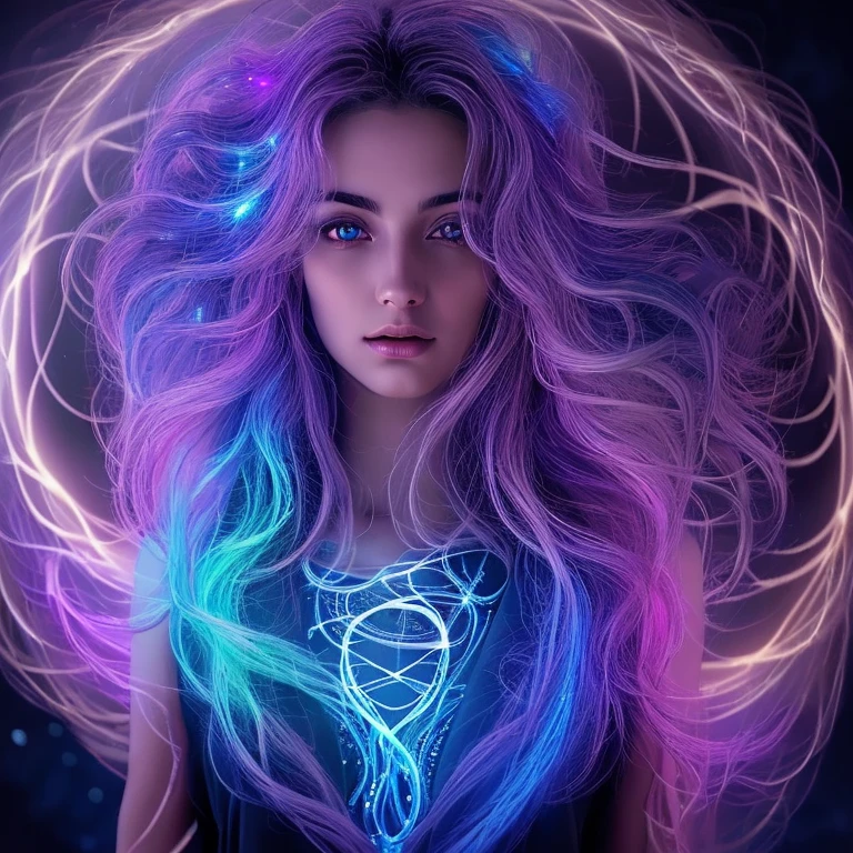 a celestial being, highly detailed intricate features, glowing eyes, iridescent skin, flowing celestial hair, celestial patterns, ethereal and otherworldly, beautiful detailed face,8k, ultra-detailed, photorealistic, masterpiece, dynamic lighting, dramatic lighting, cinematic lighting, volumetric lighting, dramatic shadows, vibrant colors, cosmic, surreal, digital art, rayos, bastante iluminacion