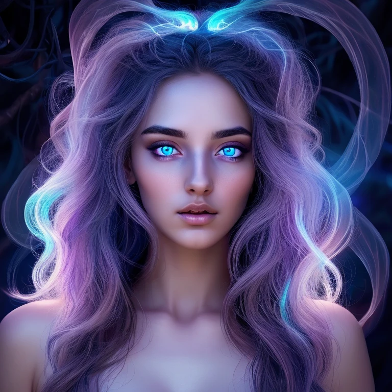 a celestial being, highly detailed intricate features, glowing eyes, iridescent skin, flowing celestial hair, celestial patterns, ethereal and otherworldly, beautiful detailed face,8k, ultra-detailed, photorealistic, masterpiece, dynamic lighting, dramatic lighting, cinematic lighting, volumetric lighting, dramatic shadows, vibrant colors, cosmic, surreal, digital art, rayos, bastante iluminacion