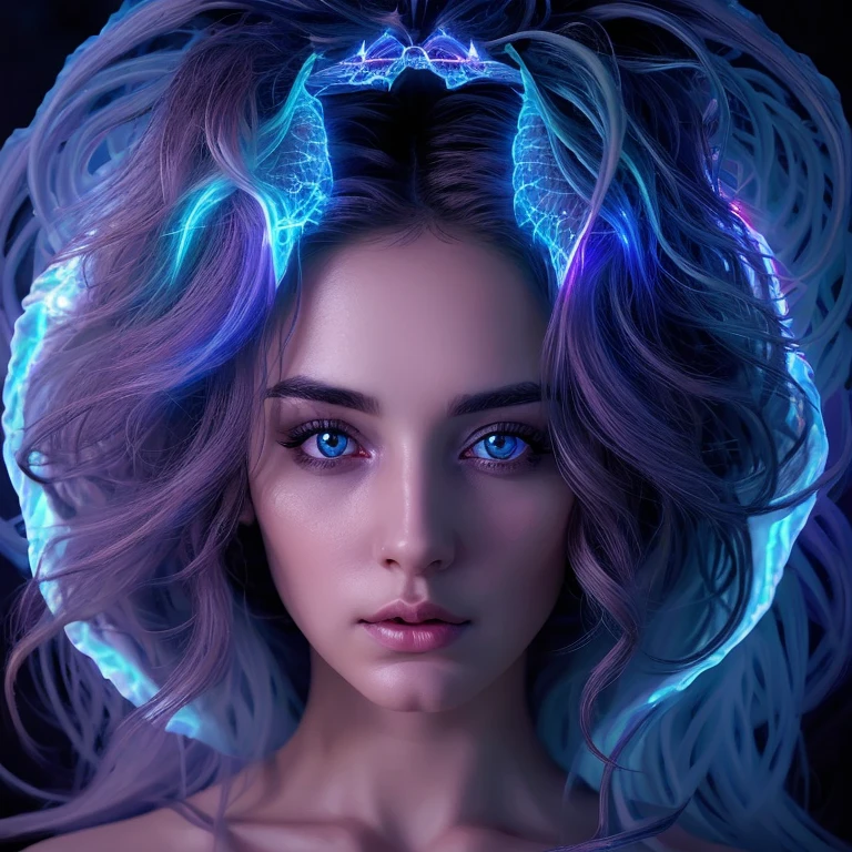 a celestial being, highly detailed intricate features, glowing eyes, iridescent skin, flowing celestial hair, celestial patterns, ethereal and otherworldly, beautiful detailed face,8k, ultra-detailed, photorealistic, masterpiece, dynamic lighting, dramatic lighting, cinematic lighting, volumetric lighting, dramatic shadows, vibrant colors, cosmic, surreal, digital art, rayos, bastante iluminacion