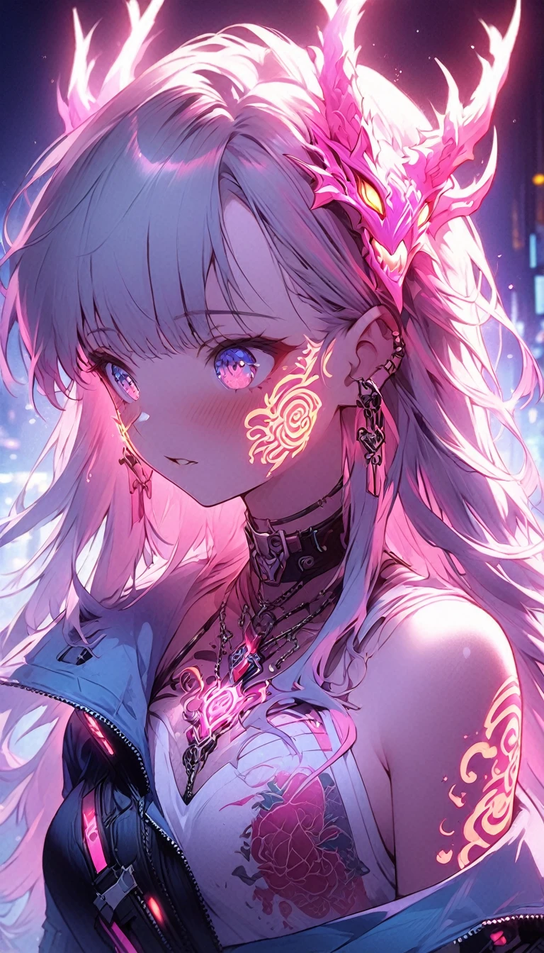 Cyberpunk、Artistic anime illustration of a cool girl adorned with thick, glowing neon dragon tattoos on her body and face、Neon glow、The scene has a dreamy, soft-focus effect that accentuates the brilliance of the tattoo.睨み、手の甲、