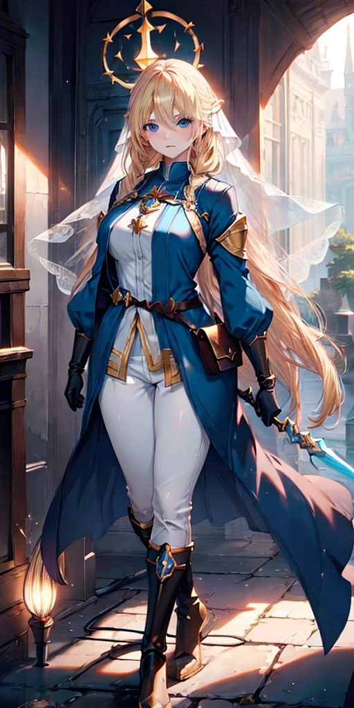 Blonde mage anime girl, with long hair and a braid on one side. She has blue eyes and is wearing a blue mage's veil in the head. She is dressed in a long-sleeve white shirt, brown pants, and tall brown boots. She holds a mage's staff with a crystal at the tip, wears brown gloves, and has a crossbody bag slung across her chest at her waist. She has a serious expression. Ensure that the image is well-detailed with accurate proportions, clear facial features, and balanced body posture to avoid any deformities." 8k, high quality, full body, (ultra-realistic), {extremely detailed 8k CG unit wallpaper}, expansive landscape photograph, , (light: 2.0), (warm light source: 1.5), complex details,, (atmospheric lighting), surreal, impressive, fantasy, (Solo: 1.2)