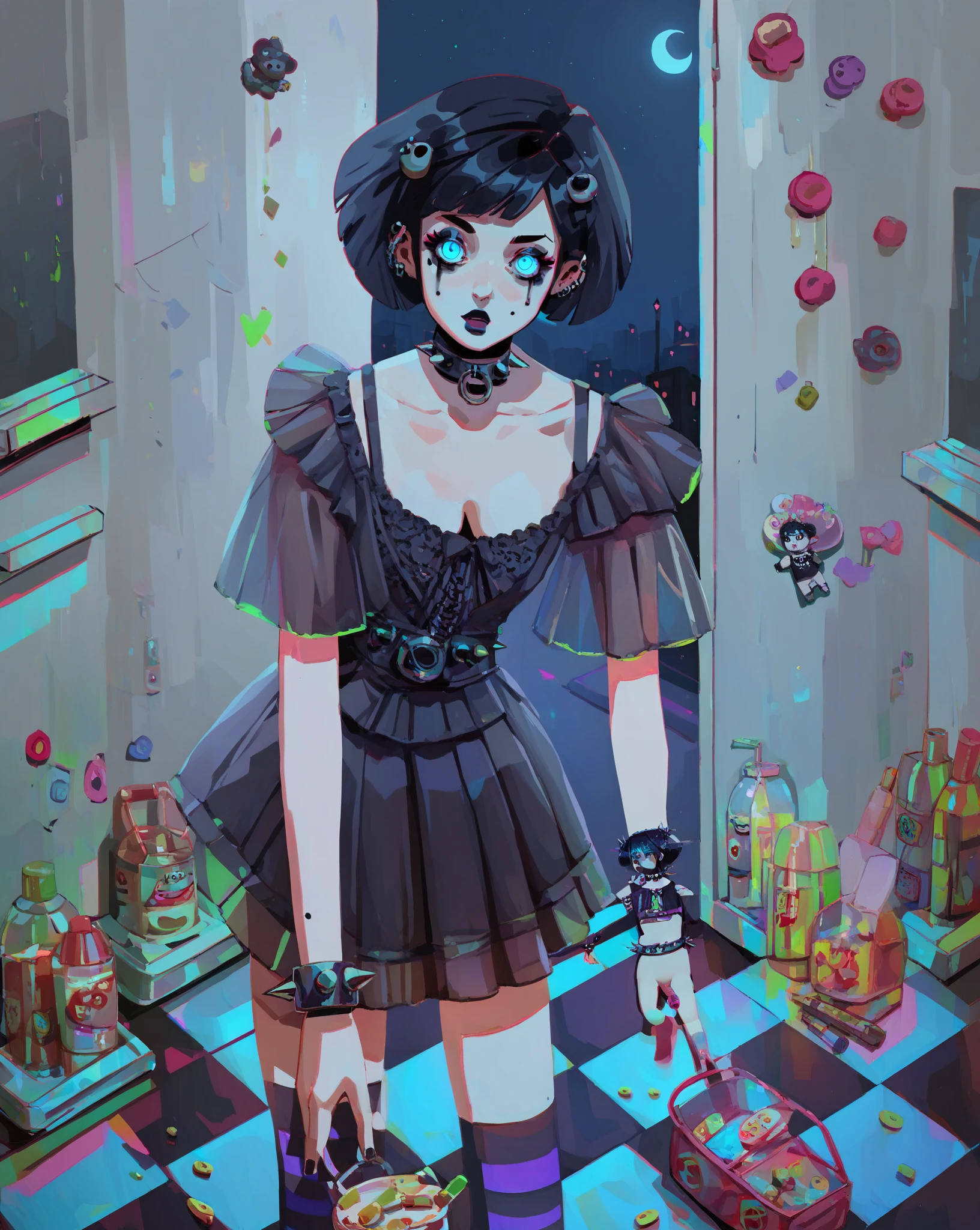 source_anime, score_9, score_8_up, score_7_up, score_6_up, hds style, cel shading, linear hatching, dark theme, (dark background:0.8), low light, looking at viewer, curled black hair, short hair, goth makeup, blue eyes, small breasts, goth outfit, spiked bracelets, accessories, pale skin, collarbone, night, glowing eyes, high angle