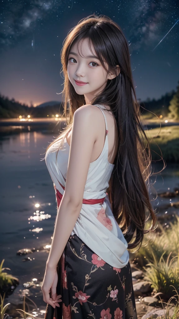 ulzzang-6500-v1.1, (RAW photo: 1.2), (Real photo), (Real photo: 1.4), 1 girl、Perfect anatomy、1、Looking at the camera、smile, Medium length hair、beside a vast lake in the middle of a wild forest, ((under the night sky with stars: 1.1))、 (Business service)、Asian eyes Ella,