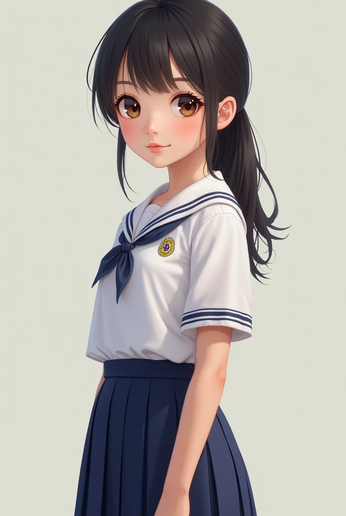 Girl in a sailor suit
Her hair is long and tied up with a ribbon