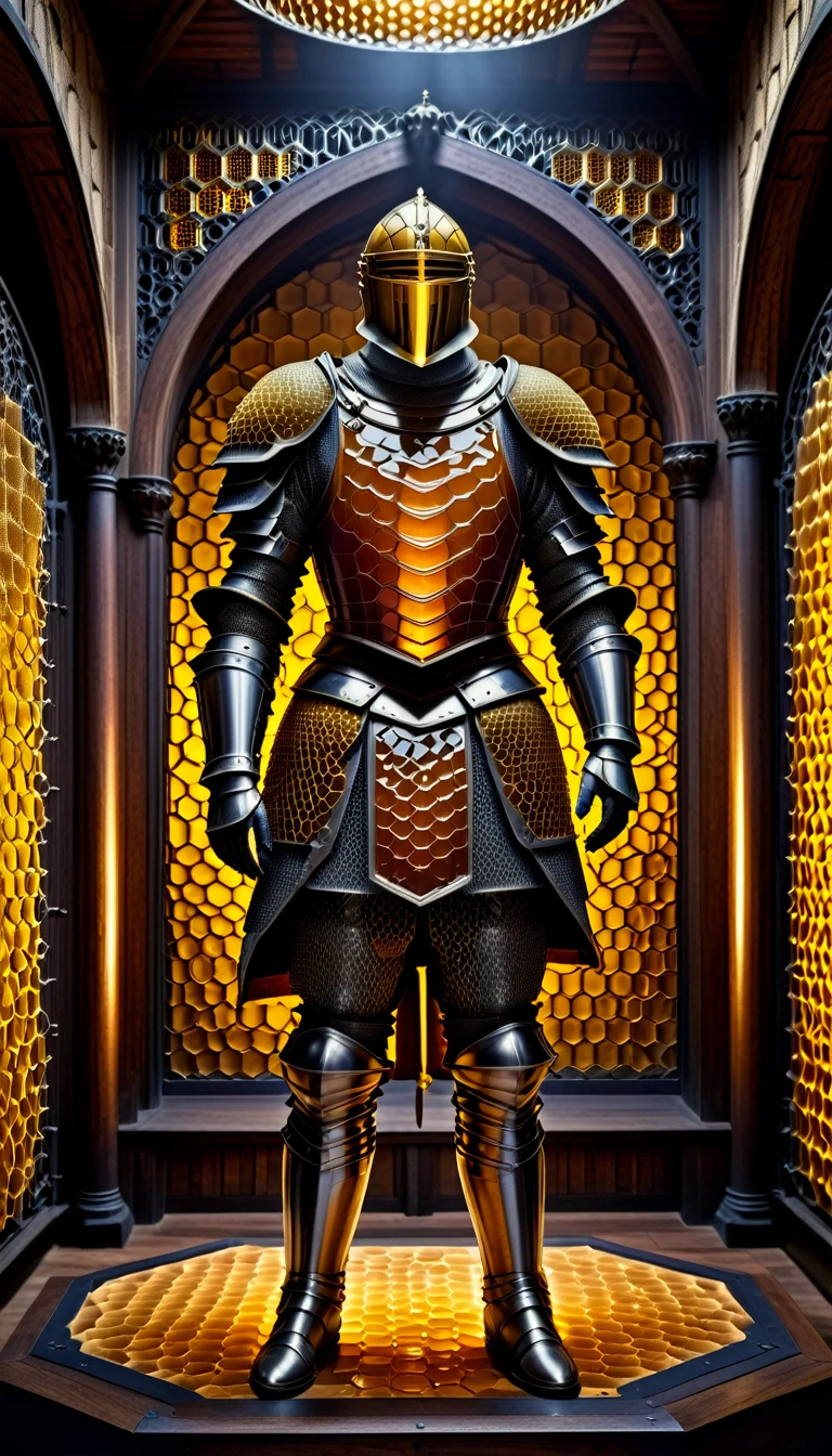 An intricate armor set from medieval times displayed in a museum, the metalwork detailed with dvr-honey and honeycomb patterns, under dramatic spotlights, shot with a Canon EOS 5D Mark IV for historical grandeur,